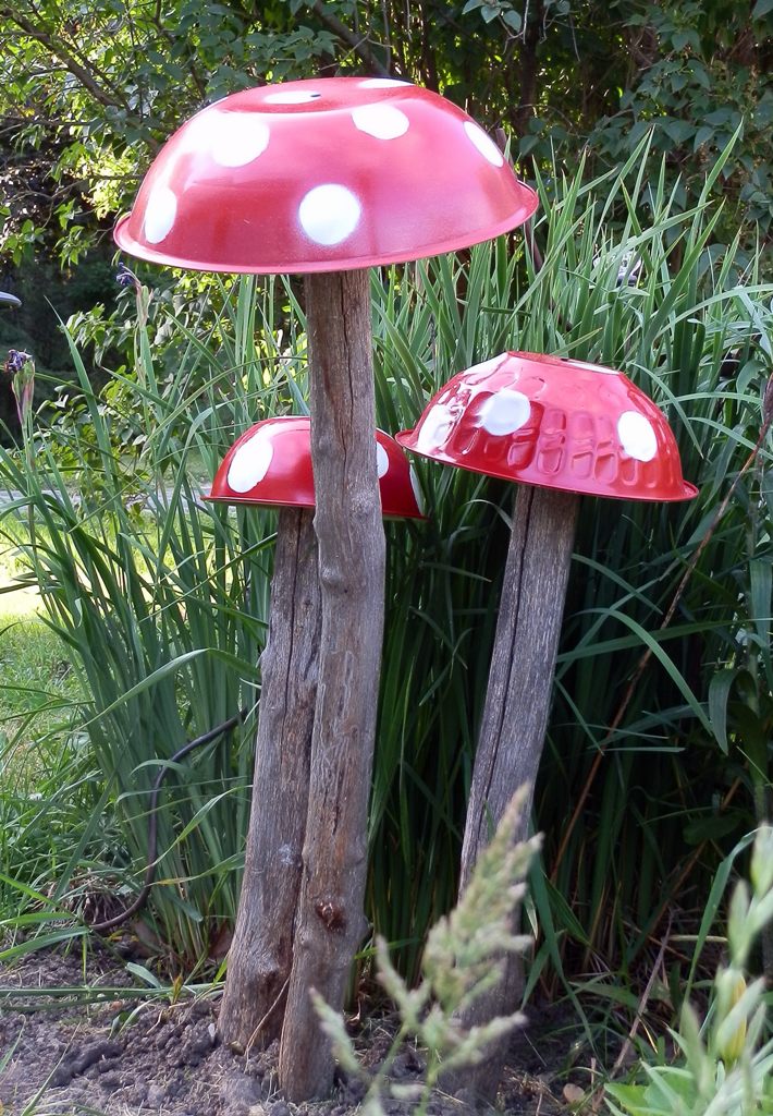 Garden Mushrooms from Logs and Painted Steel Bowls