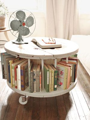 Bookshelf from Wooden Cable Spool and Ikea Casters