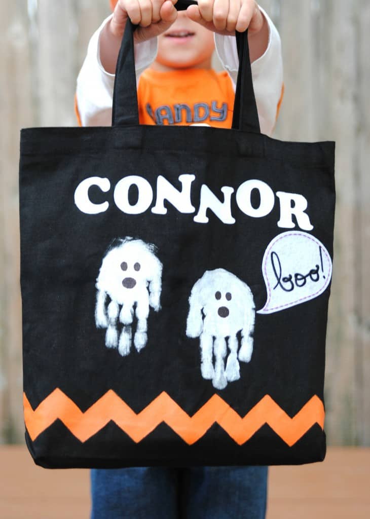 Halloween Trick or Treat Bag with Handprint Ghosts